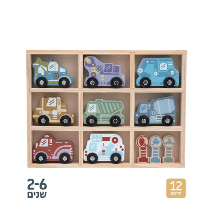 סט מכוניות ותמרורים מעץ Shin Shin