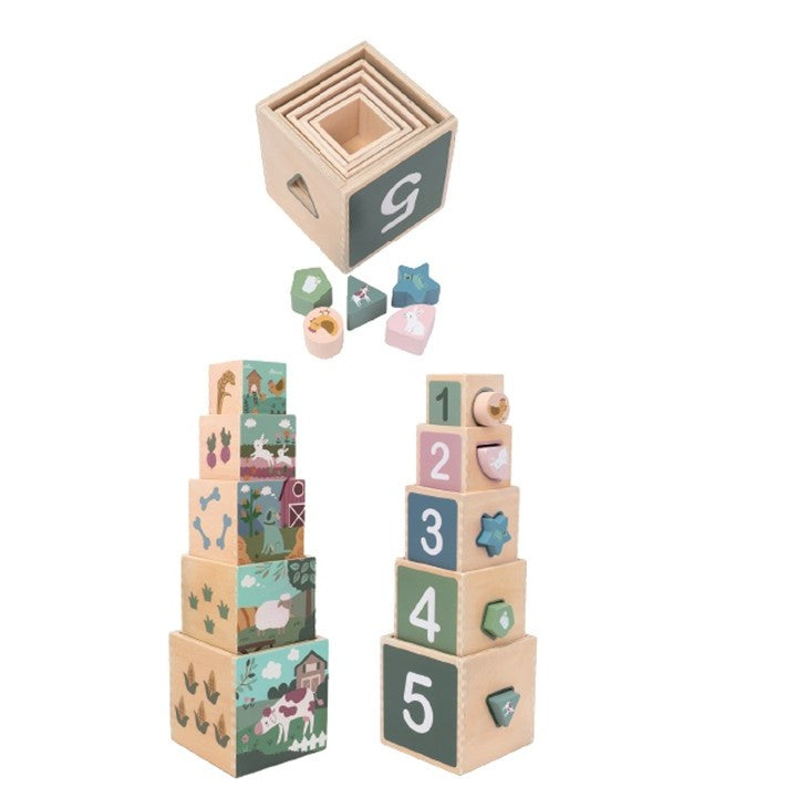 מגדל קוביות עץ עם התאמת צורות - חיות Shin Shin