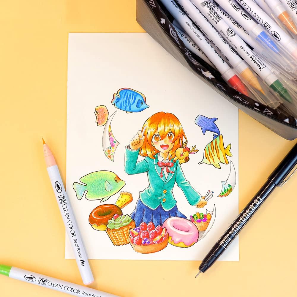 קלמר 22 פריטים: טושי מכחול ועטים גרפיים Zig Clean Color Real Brush + Mangaka - דוארט | DoArt