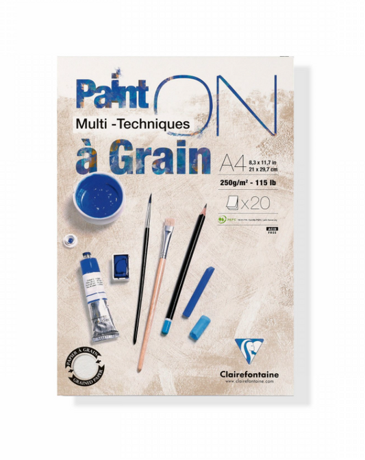 PAINT ON בלוק מיקס מדיה A4 לבן מגורען CLAIREFONTAINE