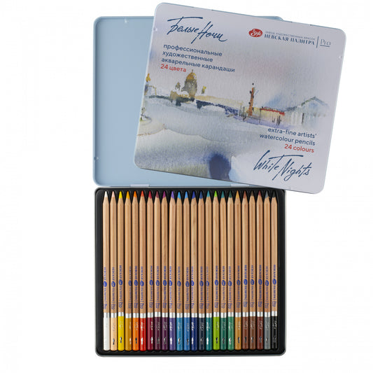 24 עפרונות אקוורל צבעוניים עם מכחול, בקופסת מתכת White Nights