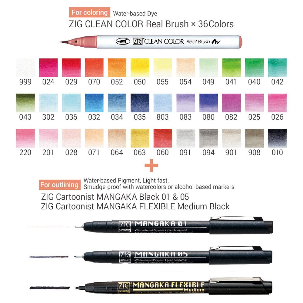 קלמר 40 פריטים: טושי מכחול ועטים גרפיים Zig Clean Color Real Brush + Mangaka