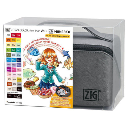 קלמר 40 פריטים: טושי מכחול ועטים גרפיים Zig Clean Color Real Brush + Mangaka