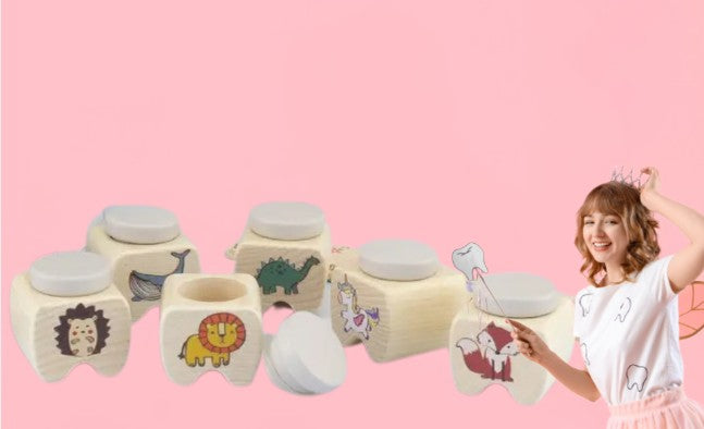 קופסת שיני חלב מעץ בעיטורי חיות - Linda Toys