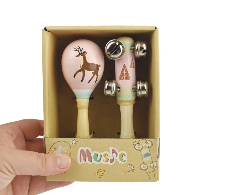 סט כלי נגינה מעץ: מרקס וידית פעמונים דגם צבי - Linda Toys - דוארט | DoArt