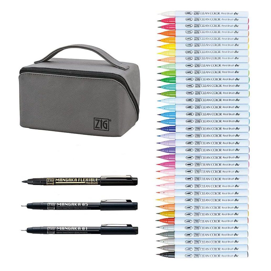 קלמר 40 פריטים: טושי מכחול ועטים גרפיים Zig Clean Color Real Brush + Mangaka - דוארט | DoArt