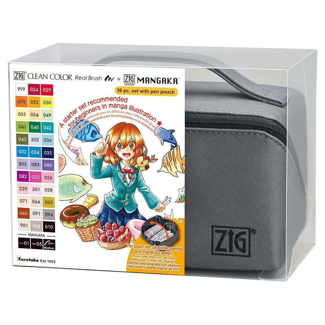 קלמר 40 פריטים: טושי מכחול ועטים גרפיים Zig Clean Color Real Brush + Mangaka - דוארט | DoArt