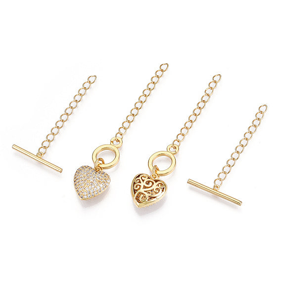 סוגר T לב נפוח משובץ זירקונים - פליז ציפוי GOLD PLATED - דוארט | DoArt