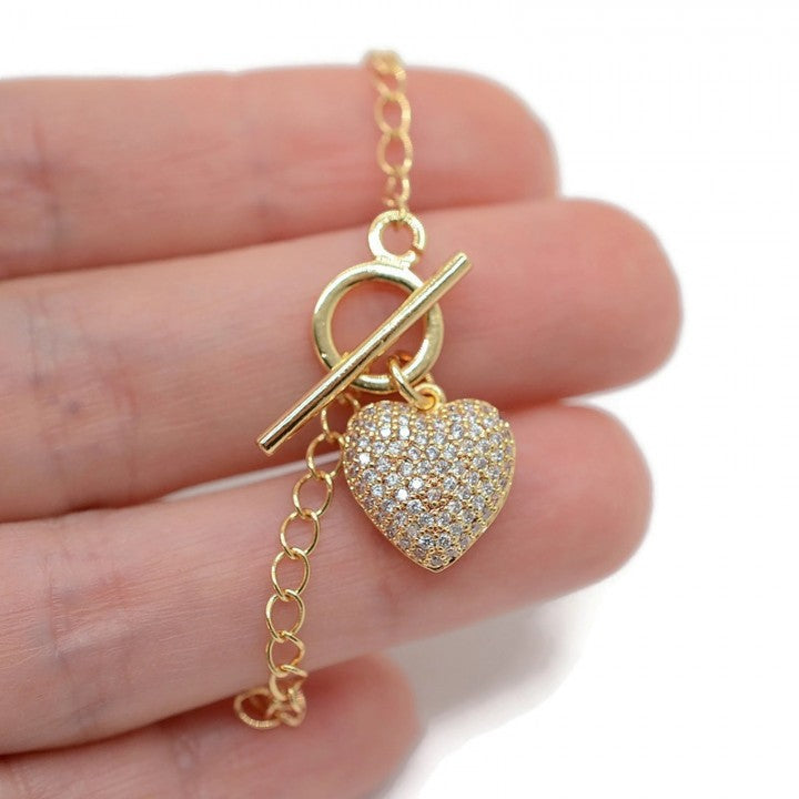 סוגר T לב נפוח משובץ זירקונים - פליז ציפוי GOLD PLATED - דוארט | DoArt