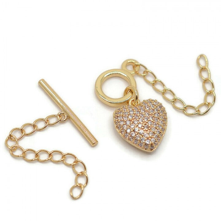 סוגר T לב נפוח משובץ זירקונים - פליז ציפוי GOLD PLATED - דוארט | DoArt